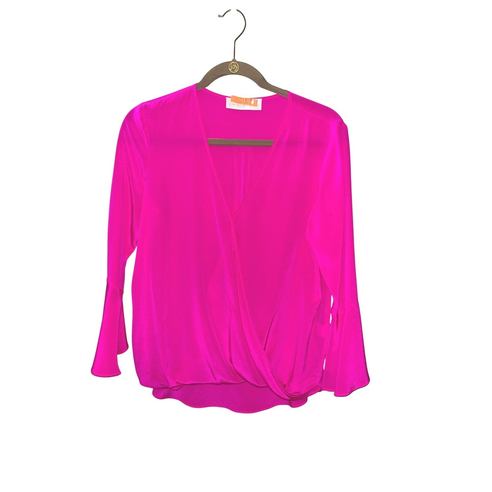 Amanda Uprichard Hot Pink 100% Silk Wrap Blouse Bell Sleeve V-Neck Small USA